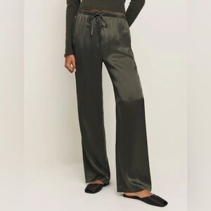 Reformation Olina Silk Pant - Dark Pine Green 100% Silk Satin Wide Leg Pants